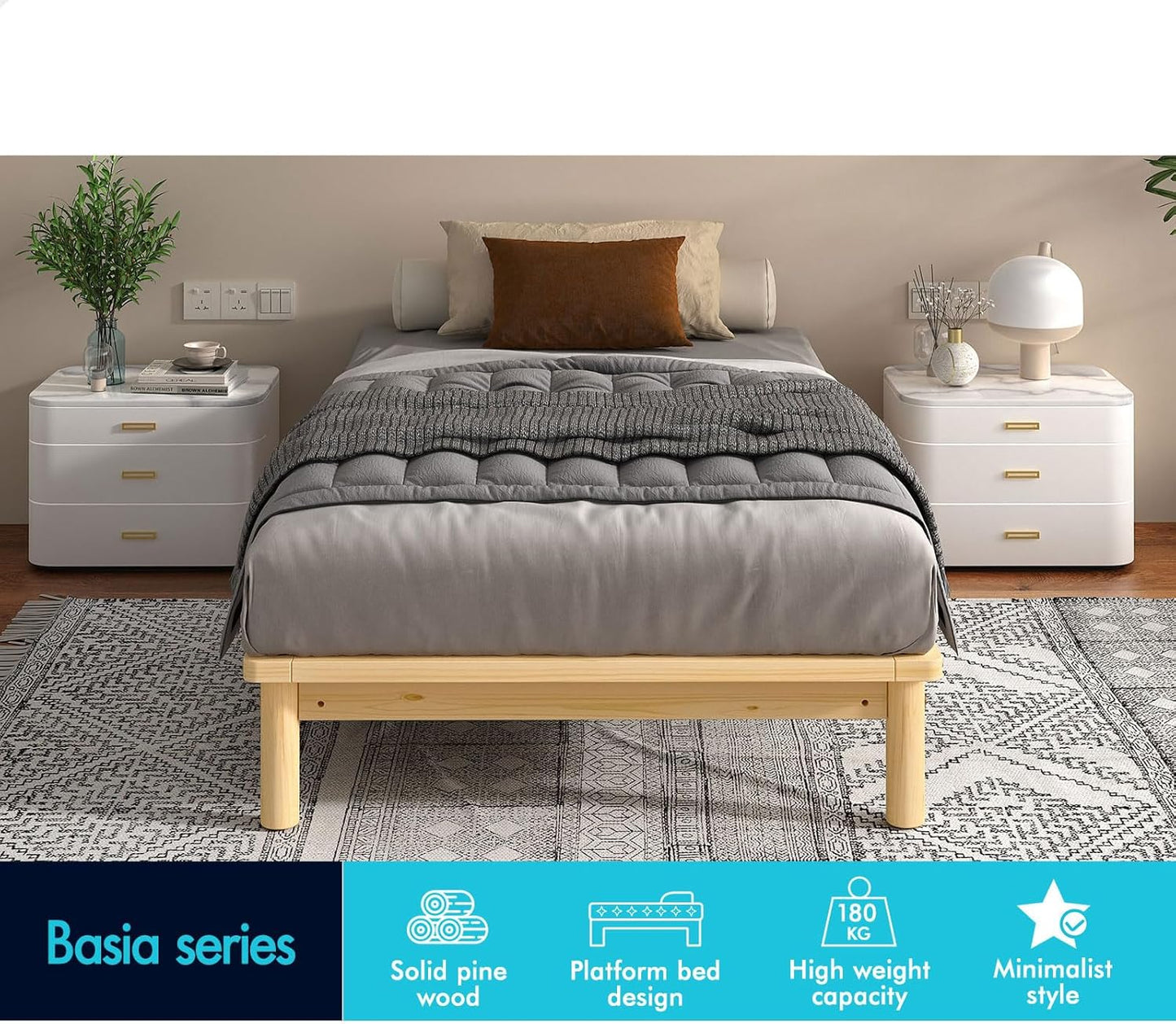 ALFORDSON King Single Bed Frame Wooden Bed Base with Timber Slats, Solid Pine Wood Mattress Base Platform Support, Bed Foundation with Storage Space, Home Bedroom Furniture, Basia Series in Oak