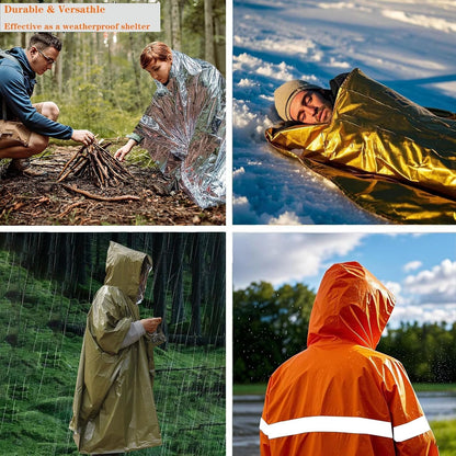 4X Survival Gear kit, Emergency Poncho (2pc), Emergency Space Blanket (2pc), Mylar Liner - Retains 92% Body Heat, for Outdoors, Hiking, Camping, Bug Out Bag, Marathons or First Aid, Car (Green)