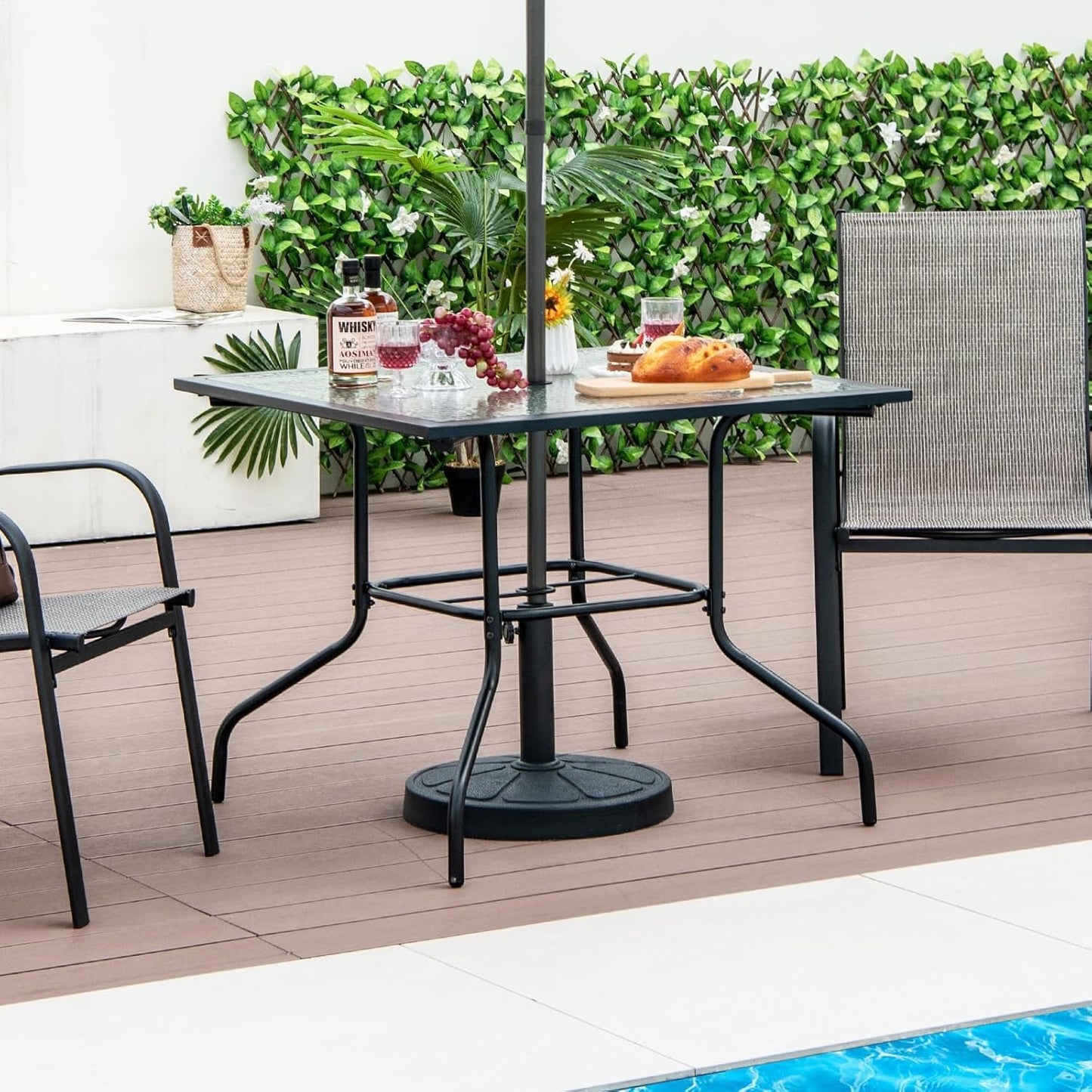 HAPPYGRILL Patio Square Dining Table 35" x 35", Outdoor Dining Table with Tempered Glass Tabletop & 1.5" Umbrella Hole, Metal Bistro Table for Garden Backyard and Porch