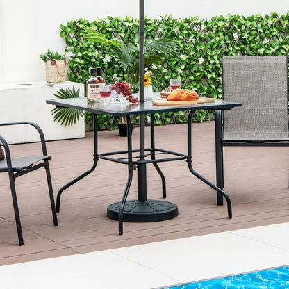 HAPPYGRILL Patio Square Dining Table 35" x 35", Outdoor Dining Table with Tempered Glass Tabletop & 1.5" Umbrella Hole, Metal Bistro Table for Garden Backyard and Porch
