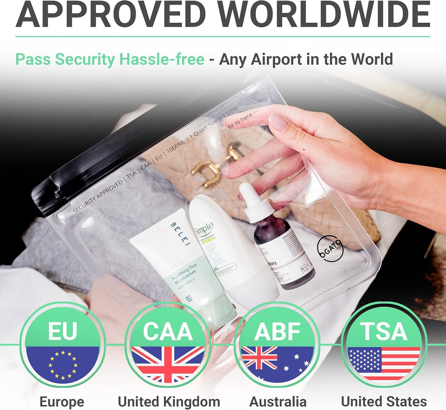 Ogato 3pcs - TSA Approved Toiletry Bag - Our Quart Size Clear Toiletry Bags are Security Approved Worldwide for Liquids & Cosmetics 3-1-1 Compliant Clear Travel Bags for Toiletries, Black, Air Tight
