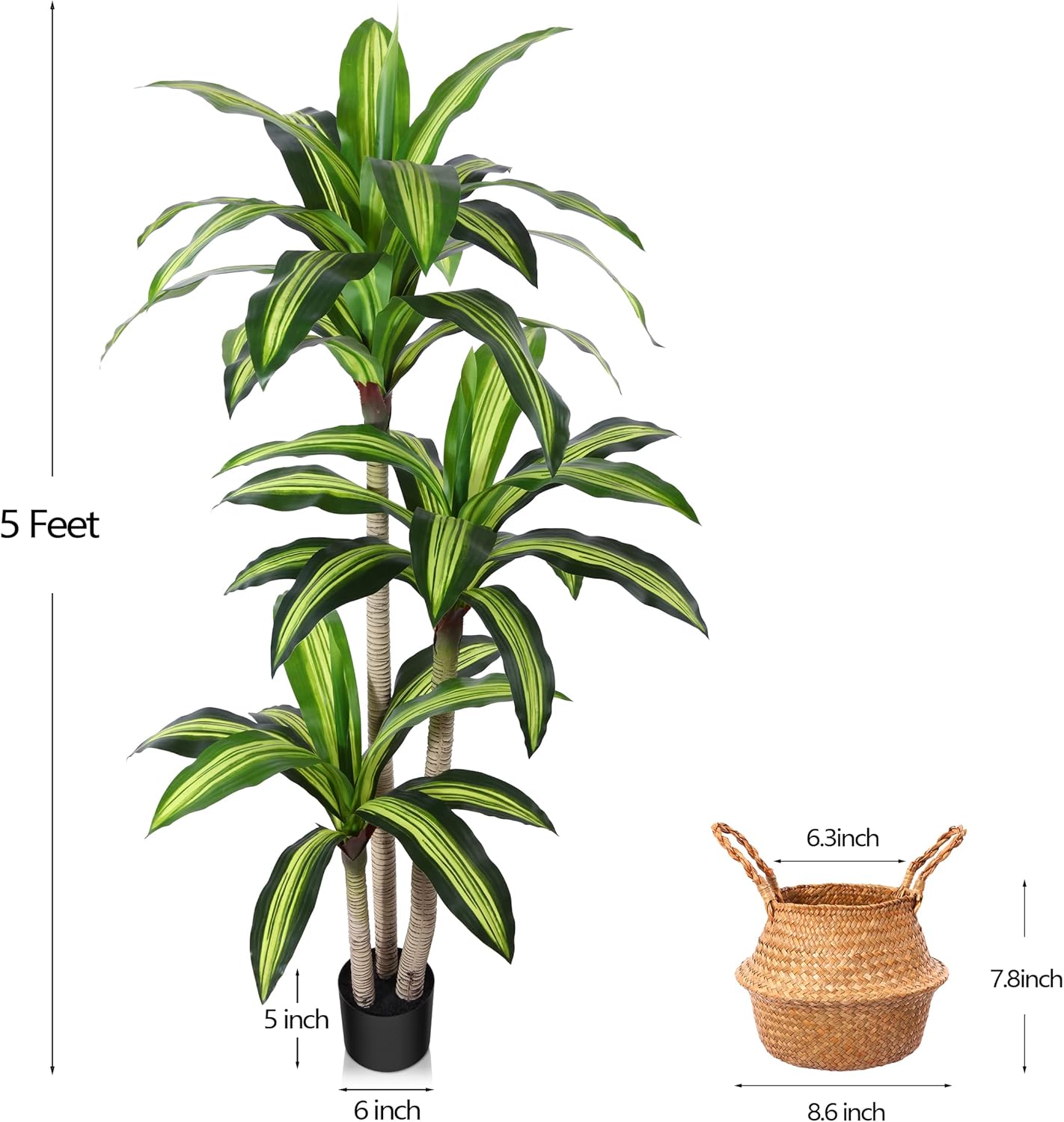 Artificial Plants,5 Ft Dracaena Tree Faux Plants Indoor Decor,Fake Tree with Woven Seagrass Basket Plants for Home Outdoor Decor Office Living Room Porch Housewarming