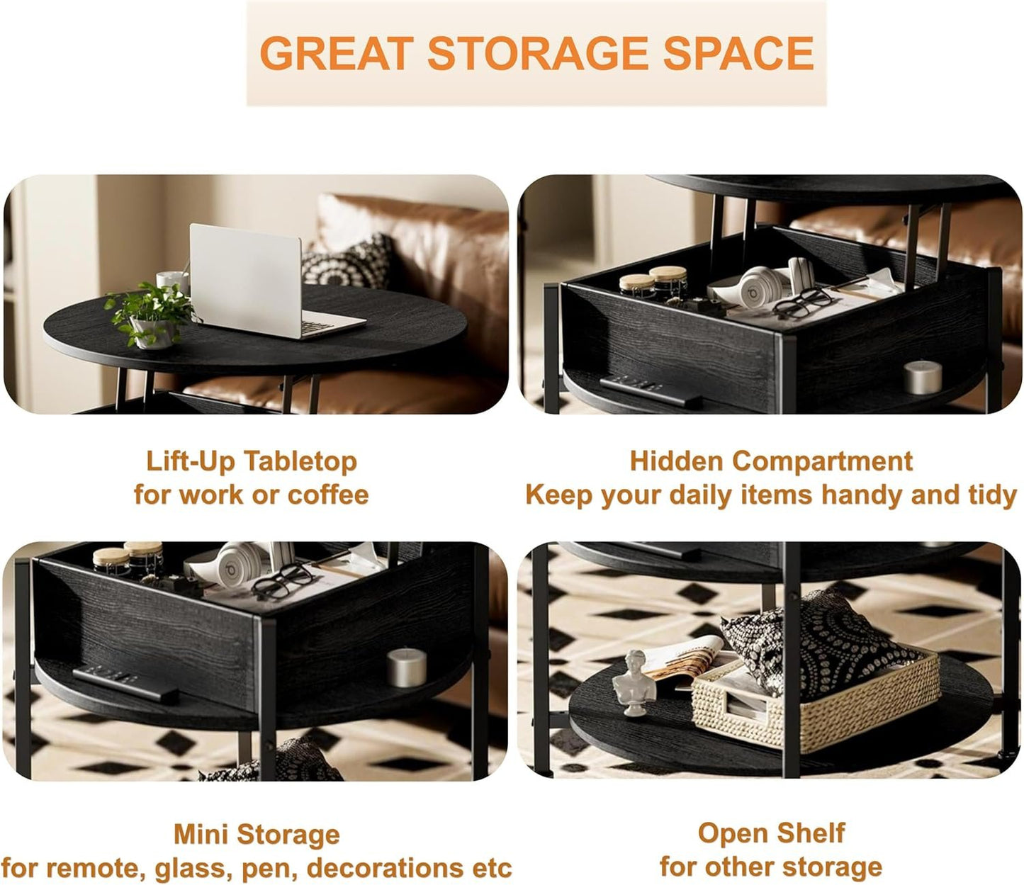 Ablefurn Mid Century Black Coffee Table, 26.77” Lift Top Coffee Table with Removeable Wheels, Hidden Compartment and Open Shelf, Wood Lift Tabletop Central Dining Table for Living Room, Home Office