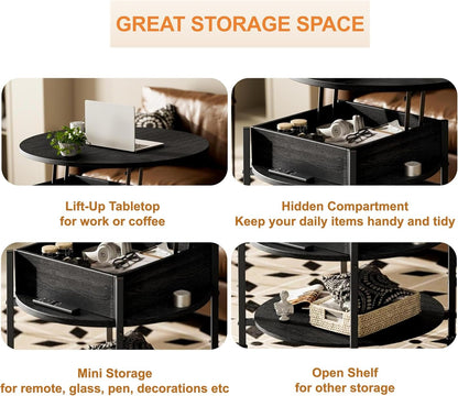 Ablefurn Mid Century Black Coffee Table, 26.77” Lift Top Coffee Table with Removeable Wheels, Hidden Compartment and Open Shelf, Wood Lift Tabletop Central Dining Table for Living Room, Home Office