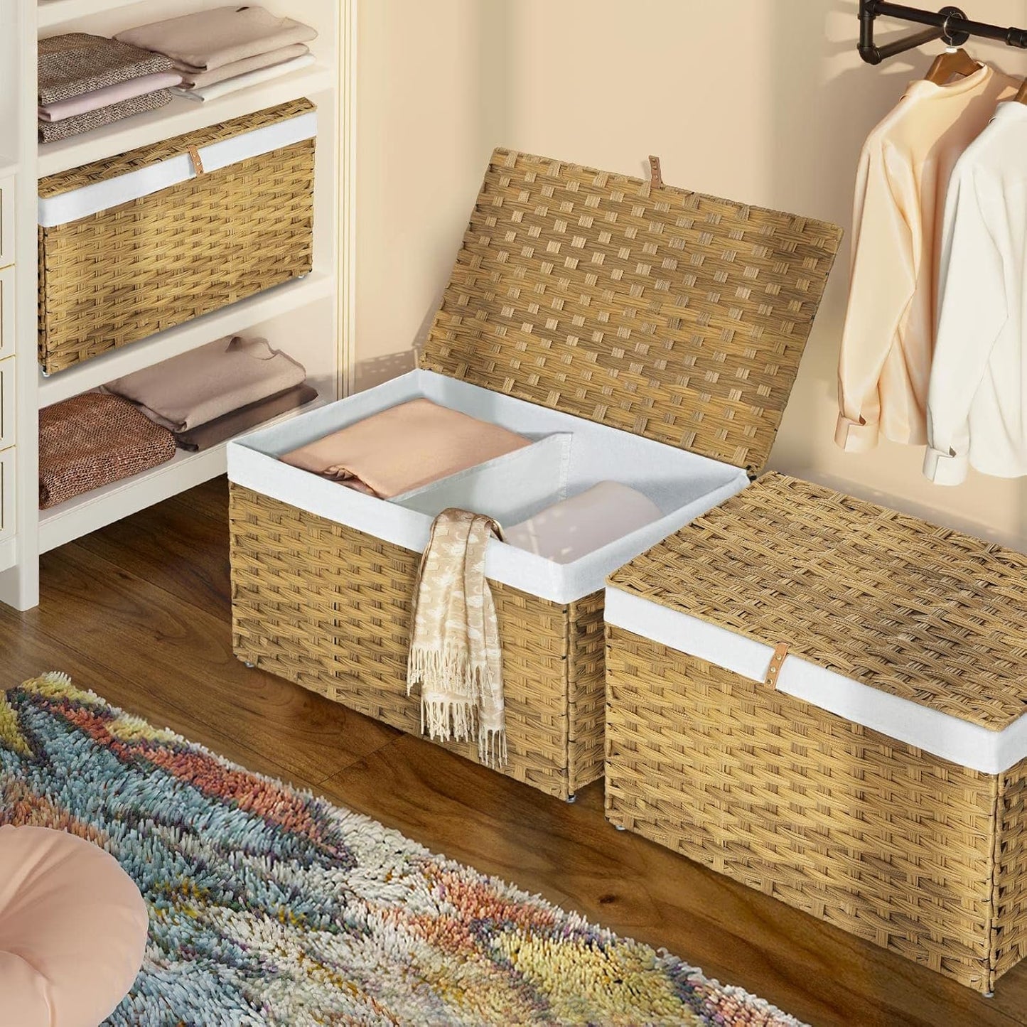Greenstell Storage Basket with Lid, 105L Handwoven Large Shelf Basket with Cotton Liner and Metal Frame, Foldable & Easy to Install, Storage Box Basket Bin with Handle for Bedroom, Laundry Room