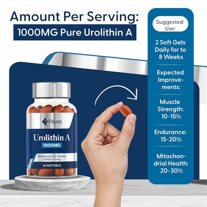 Healthy Aging Urolithin A - 1000mg, 60 Softgels Mitopure - for Muscle Strength & Cellular Energy - Mitochondrial Function & Overall Wellness