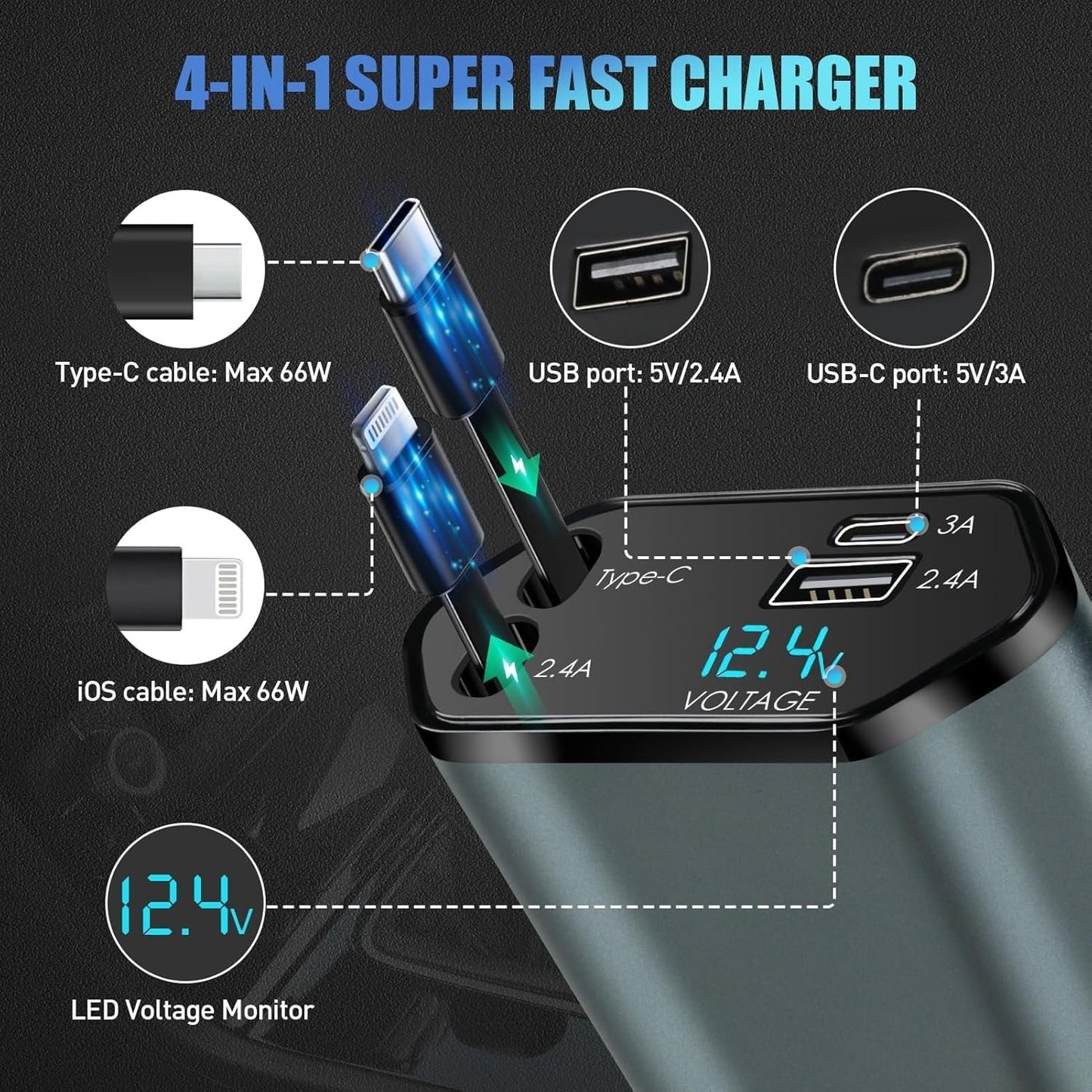 66W 4 in 1 Retractable Car Charger 12/24 V Adapter with Cables 60 cm for iPhone USB C, Cigarette Lighter Fast Charging for iPhone, Galaxy, Pixel, Huawei
