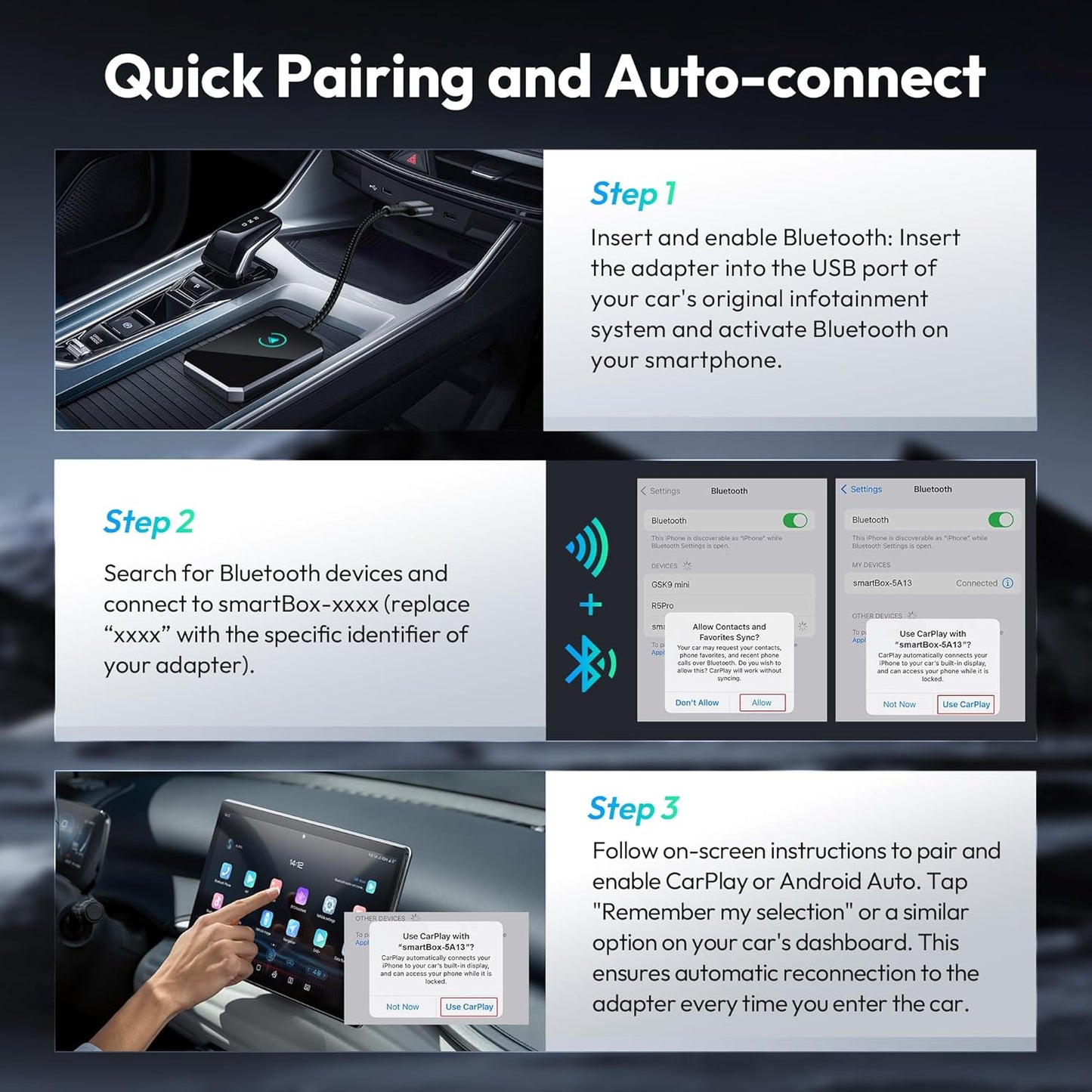 Basesailor Wireless CarPlay and Android Auto Adapter, 2024 Upgraded Bluetooth Car Play Dongle to Convert Factory from Wired to Wireless, Suitable for Cars from 2015, Apple iPhone iOS 10+, Plug&Play