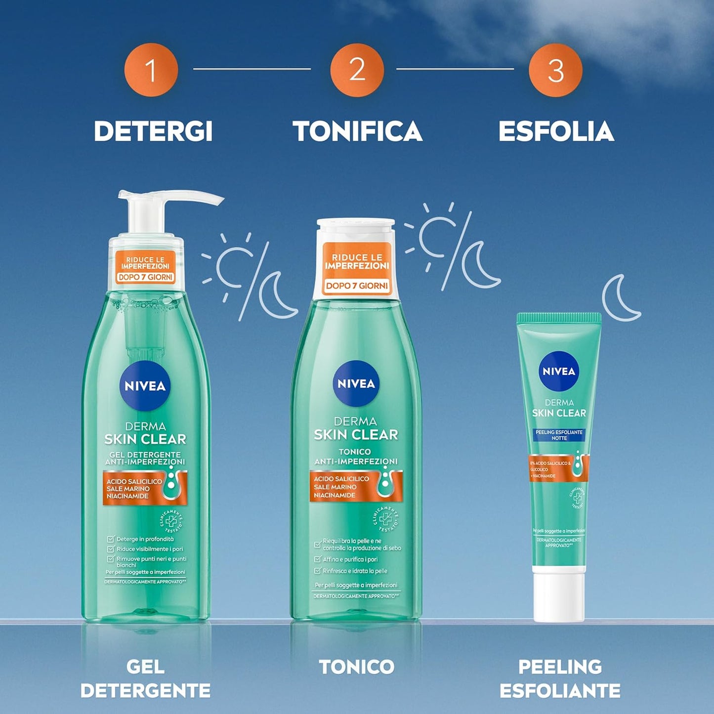 NIVEA Special Pack Derma Skin Clear Anti Blemishes, Facial Cleanser Gel 150 ml + Night Face Peeling 40 ml + Face and Body Scrub 150 ml + Astringent Face Toner 200 ml