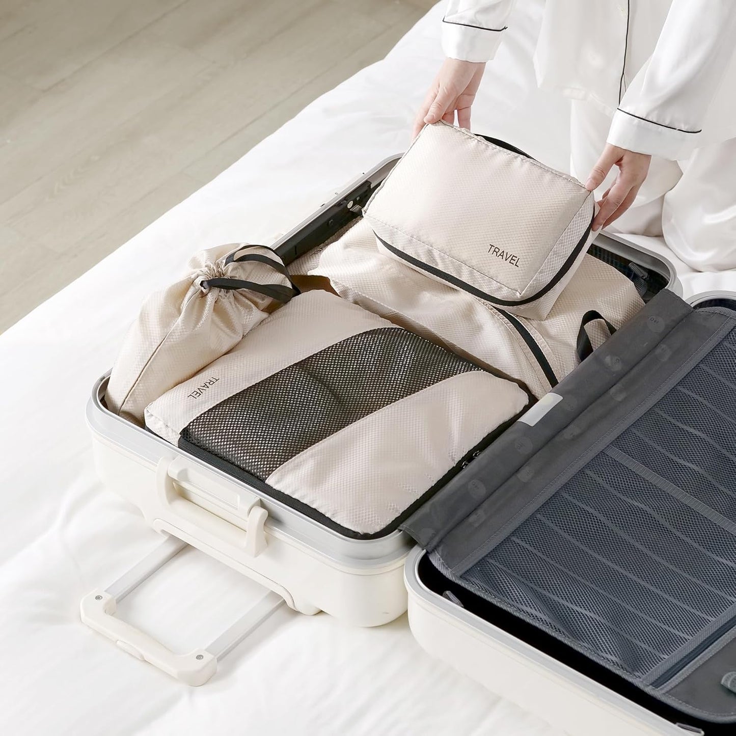 GRANNY SAYS Compression Suitcase Organizer, 6 Pieces Space-Saving Travel Organizer for Suitcases with Zipper, Packing Cubes Compression, Suitcase Organizer Set, Suitcase Organizers, Beige
