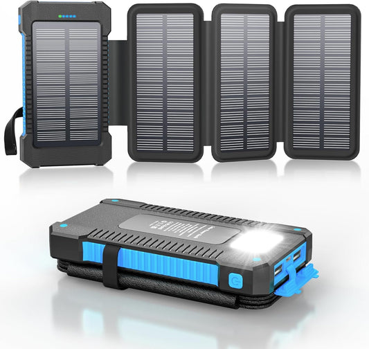 Solar Power Bank 38800mAh with 4 Solar Panels, Power Bank USB-C 18W Fast Charge for Compatible Phones, IP67 Waterproof Outdoor External Batteries with Flashlight Light/SOS/Strobe