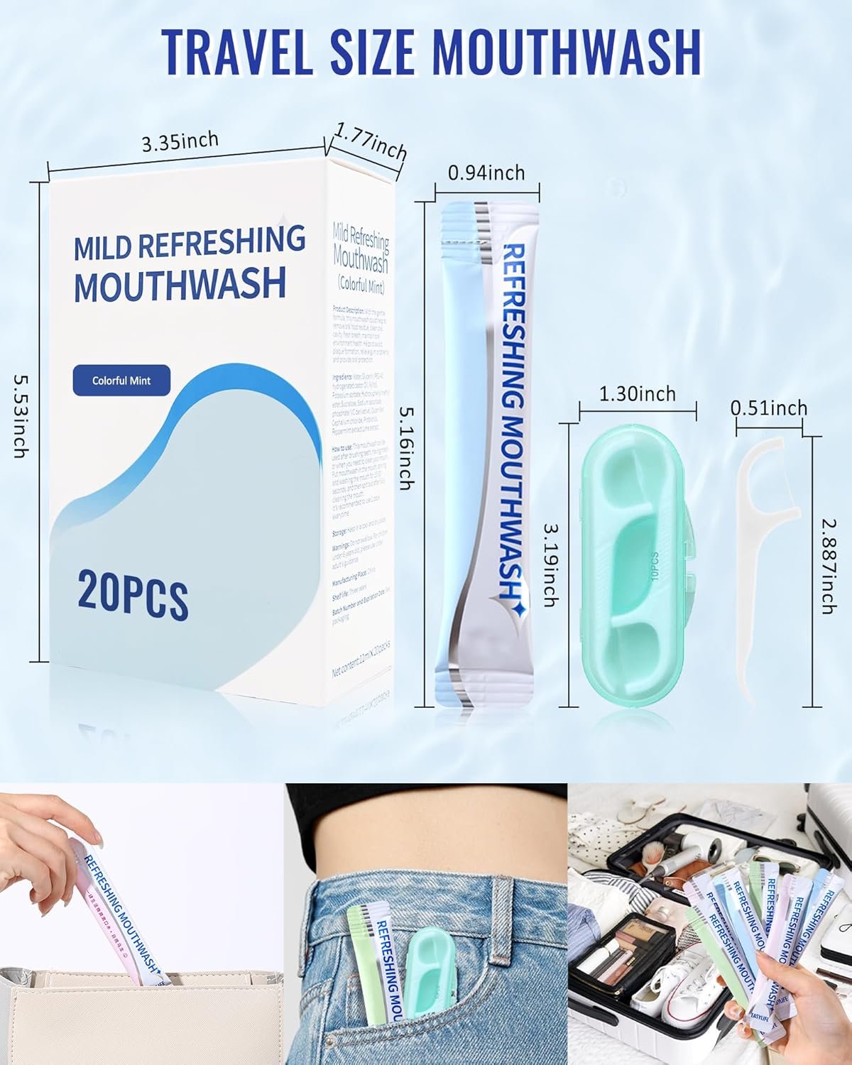 Mini Mouthwash Floss Picks Travel Size Portable Set-20 Pack Individual Small Cool Mint Mouth Wash & 10Pcs Flossers,Travel Size Toiletries and Guest Bathroom Essentials,Oral Care Gift Kit for Women Men