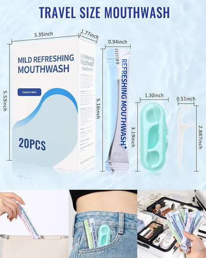 Mini Mouthwash Floss Picks Travel Size Portable Set-20 Pack Individual Small Cool Mint Mouth Wash & 10Pcs Flossers,Travel Size Toiletries and Guest Bathroom Essentials,Oral Care Gift Kit for Women Men
