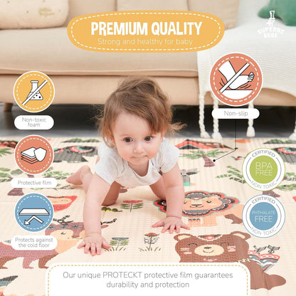 Montessori Folding Children's Play Mat, 150 x 180 x 1 cm, Reversible Non-Toxic and Waterproof Foam for Children, Gym, Baby Tummy Time Mat, Baby Gift