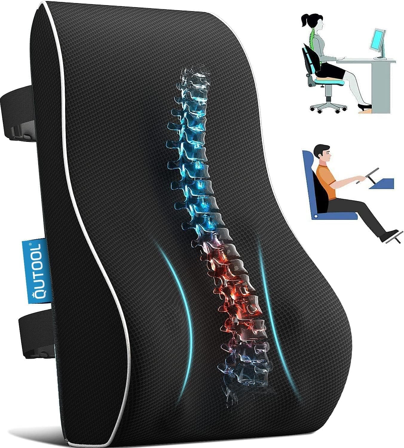 Lumbar Support Pillow for Office Chair Car Memory Foam Back Cushion Back Pain Relief Improve Posture Large Back Pillow for Computer, Gaming Chair, Recliner with Mesh Cover Double Adjustable Straps