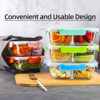 YOZOTI Glass Meal Prep Containers 3 Compartments Portion Control with Upgraded Snap Locking Lids Glass Food Storage Containers, Microwave, Oven, Freezer and Dishwasher (Black 5 Pack 3 Compartments)