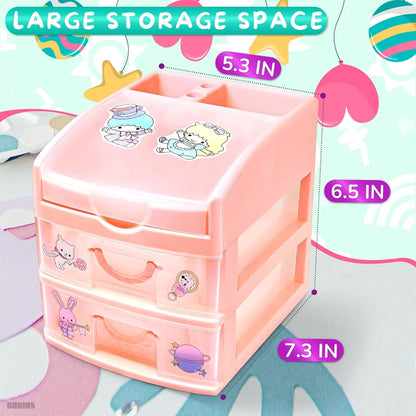 Desk Storage Organizer Pink Plastic Drawers - BURIUS San-X Desk Drawer Organizer Makeup Organizer Office Organization and Storage - Desk Accessories Aesthetic Tabletop Drawers Desktop Storage Drawer