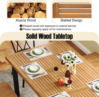 HAPPYGRILL Patio Dining Table for 8, 79" Large Rectangle Table with Acacia Wood Tabletop & Heavy Duty Metal Legs, Outdoor Dining Table with 2" Umbrella Hole for Backyard, Lawn & Garden