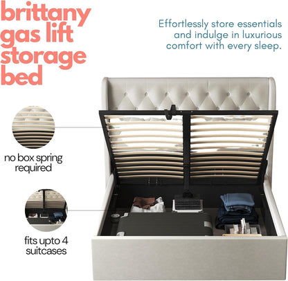 Brittany Velvet Queen Bed Frame with Storage, Metal Bed Frame Queen Size with Headboard & Hydraulic Storage, Modern Wingback Design