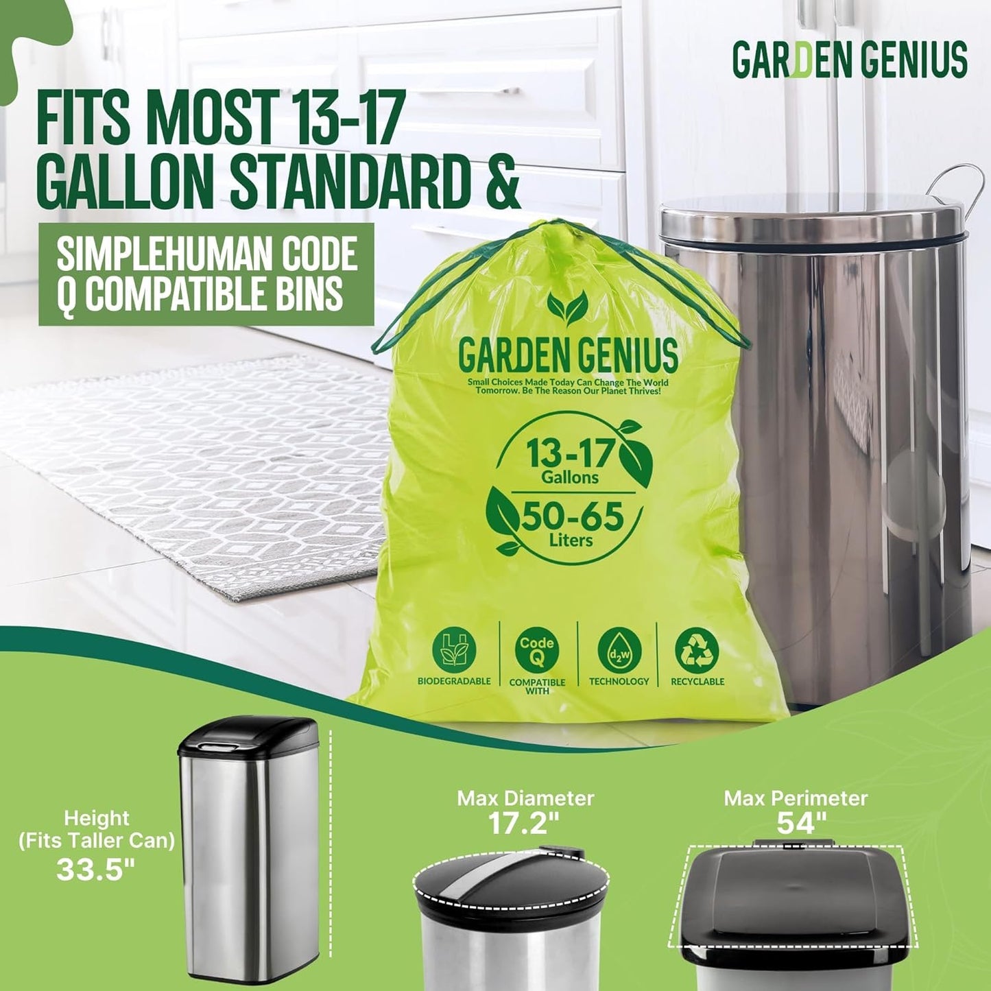 Biodegradable 13-17 Gallon Code-Q Kitchen Waste Bags (50 Pack) | Strong Heavy-Duty Tall Trash Bags w/Drawstring | Fits Simplehuman & Standard Cans | Eco-Friendly D2W, 30 Micron Thick | 25.6" x 33.5"