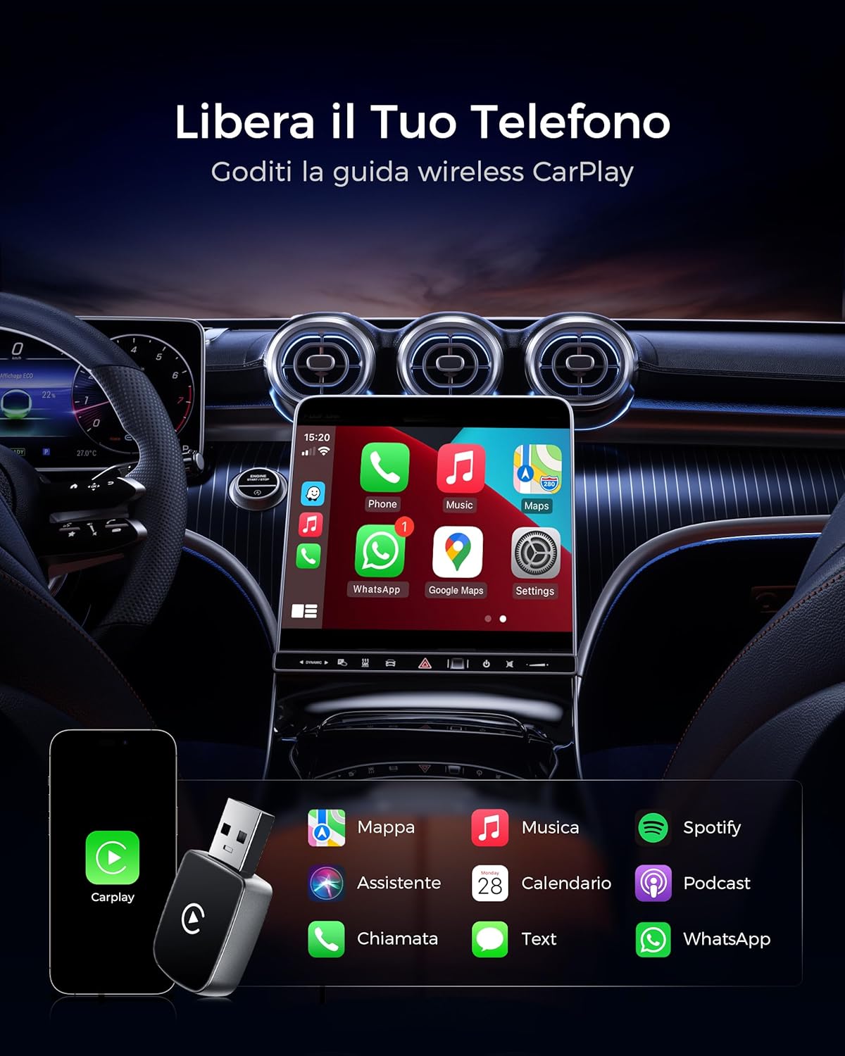 WityEye Carplay Wireless Adapter, Bluetooth V5.3 Stable Connection, 5.8GHz WiFi/USB C/A Fast Data Transfer for Apple iPhone iOS 10+