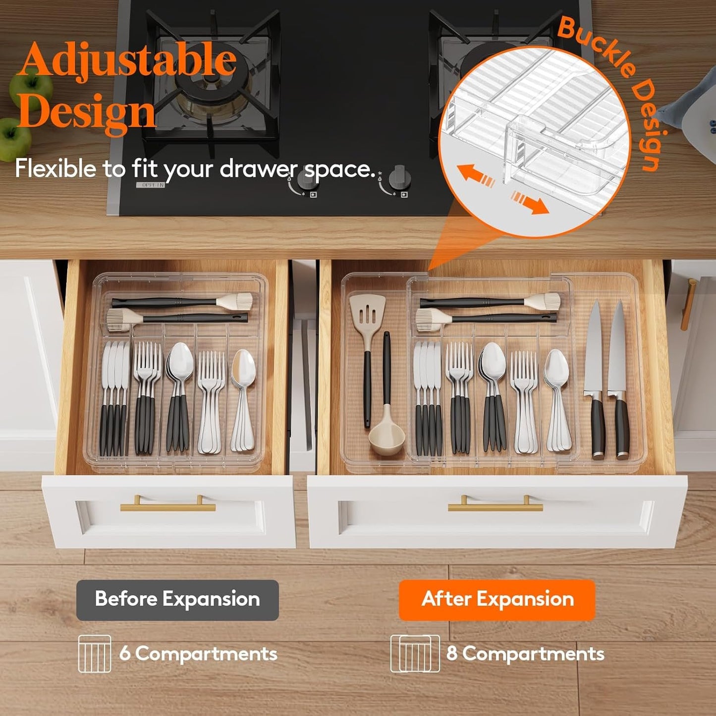 Lifewit Silverware Organizer for Kitchen Drawer, Clear Expandable Utensil Tray for Spoons Forks Knives, Adjustable Flatware Cutlery Holder Storage, Large