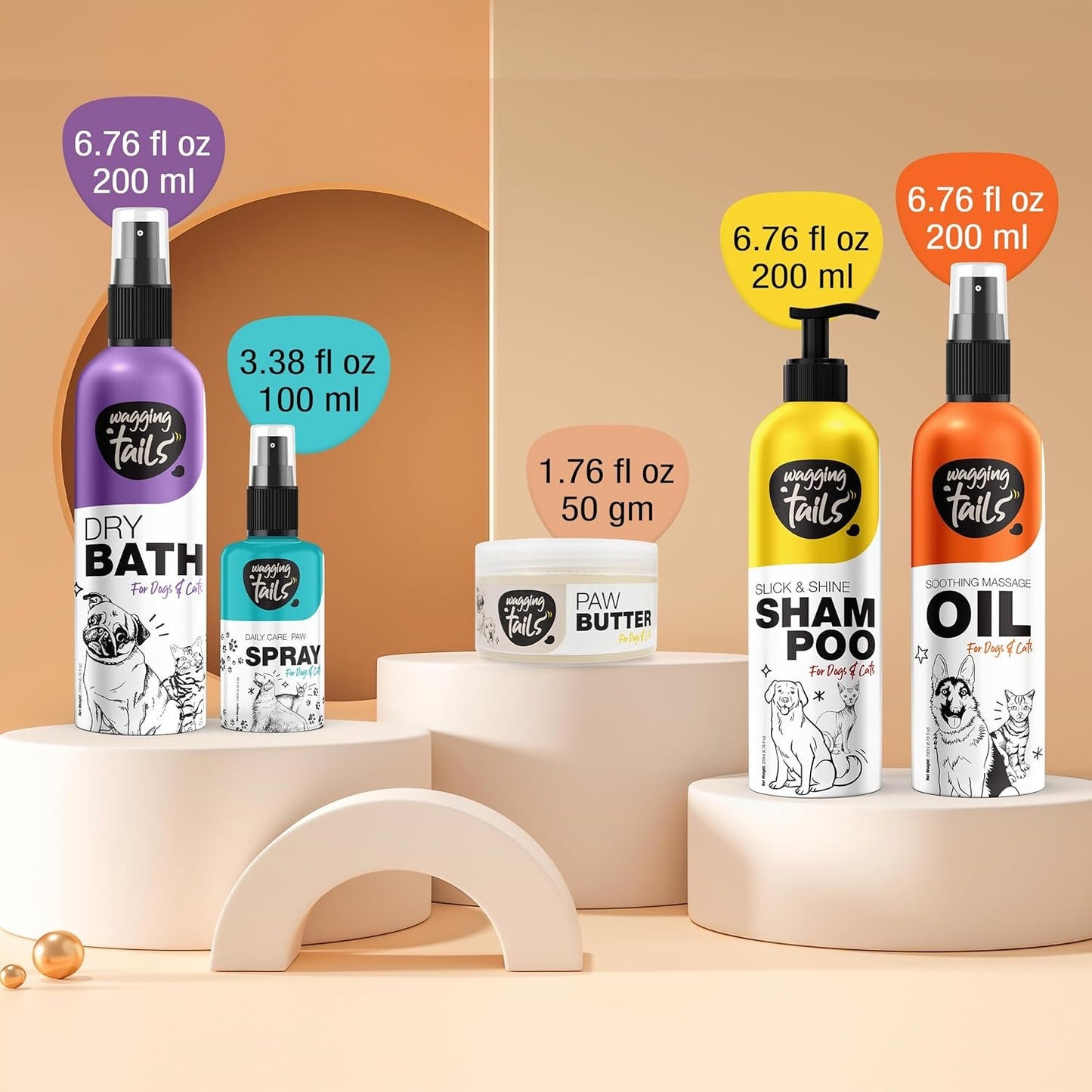Wagging Tails 5-in-1 Grooming Kit for Pets | Shampoo 6.76 fl oz, Dry Bath 6.76 fl oz, Massage Oil 6.76 fl oz, Paw Butter 1.76 fl oz & Paw Spray 3.38 fl oz | Natural Ingredients | Ideal Gift for Pets