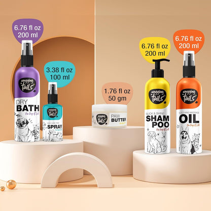 Wagging Tails 5-in-1 Grooming Kit for Pets | Shampoo 6.76 fl oz, Dry Bath 6.76 fl oz, Massage Oil 6.76 fl oz, Paw Butter 1.76 fl oz & Paw Spray 3.38 fl oz | Natural Ingredients | Ideal Gift for Pets