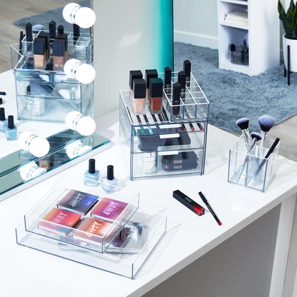 iDesign The Collection Makeups, 3 Compartments Bathroom Organizer from Sarah Tanno Signed Collection, Plastic Makeup Brush Holder for Pencils and Eyeliners, Transparent, 10.5 x 10.5 x 10.6 cm