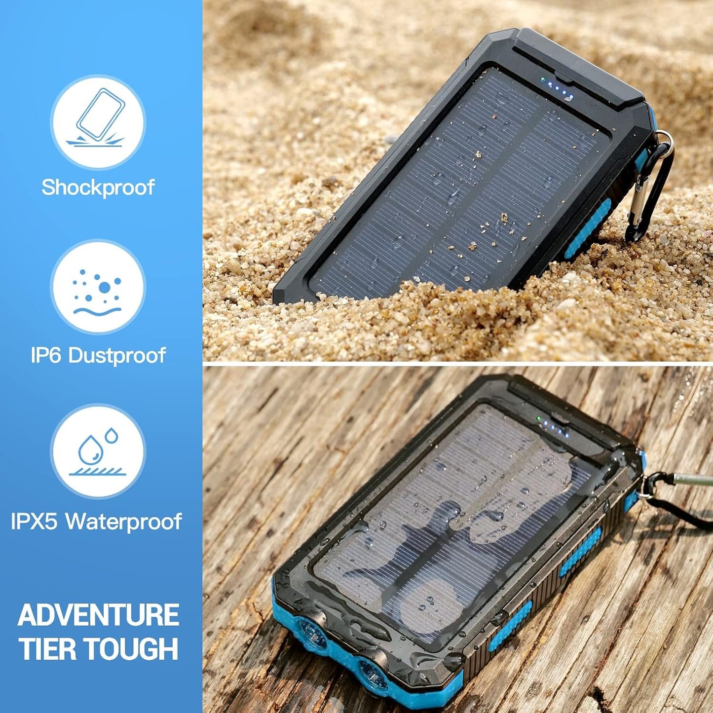 Solar Charger, 20000mAh Portable Outdoor Waterproof Solar Power Bank, Camping External Backup Battery Pack Dual 5V USB Ports Output, 2 Led Light Flashlight with Compass (Blue)