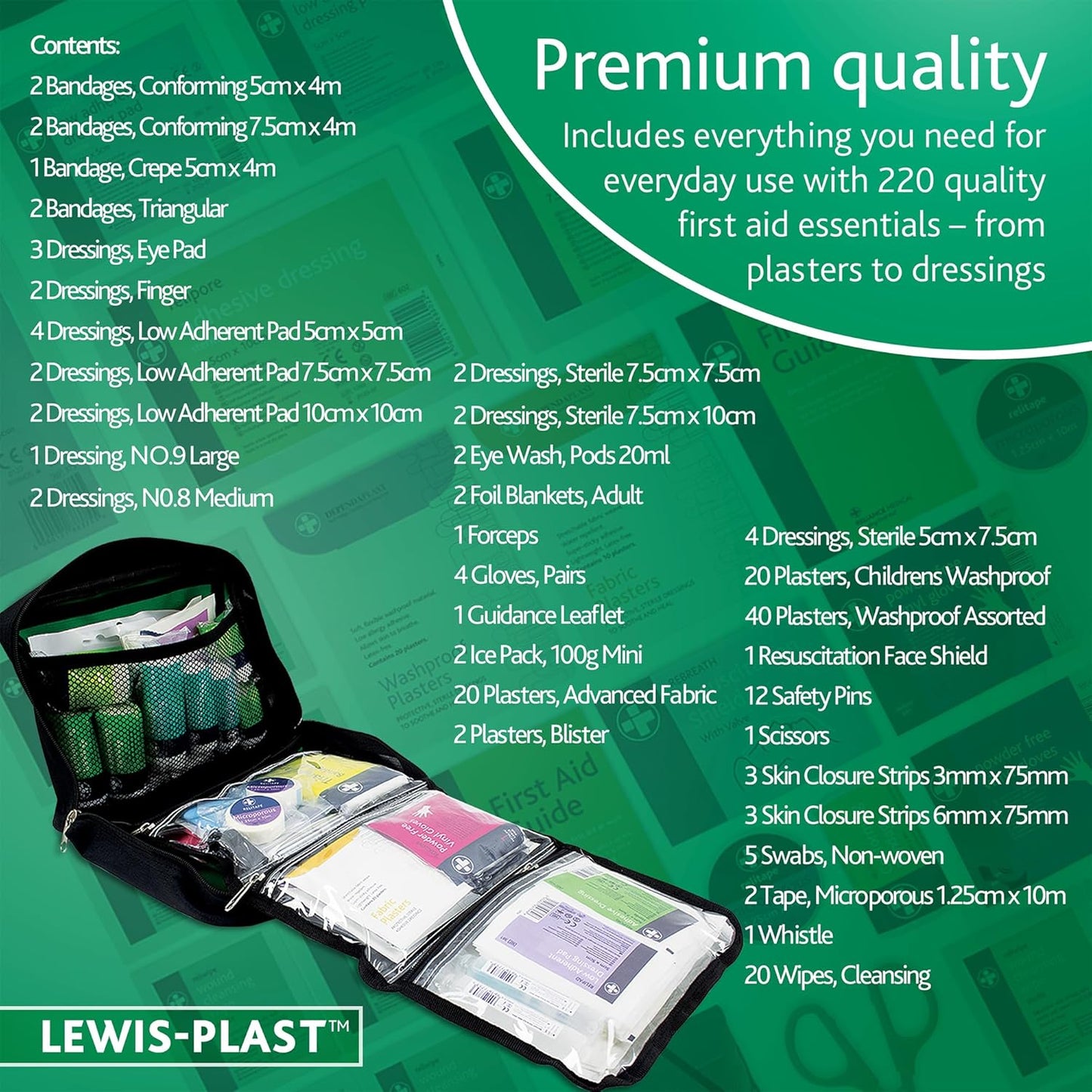 Lewis-Plast First Aid Kit Bag - 220 Piece Survival Kits - Safety Essentials for Travel, Car, Home Camping, Work, Hiking, Holiday, Outdoor Activities - Pack Supplies - Large
