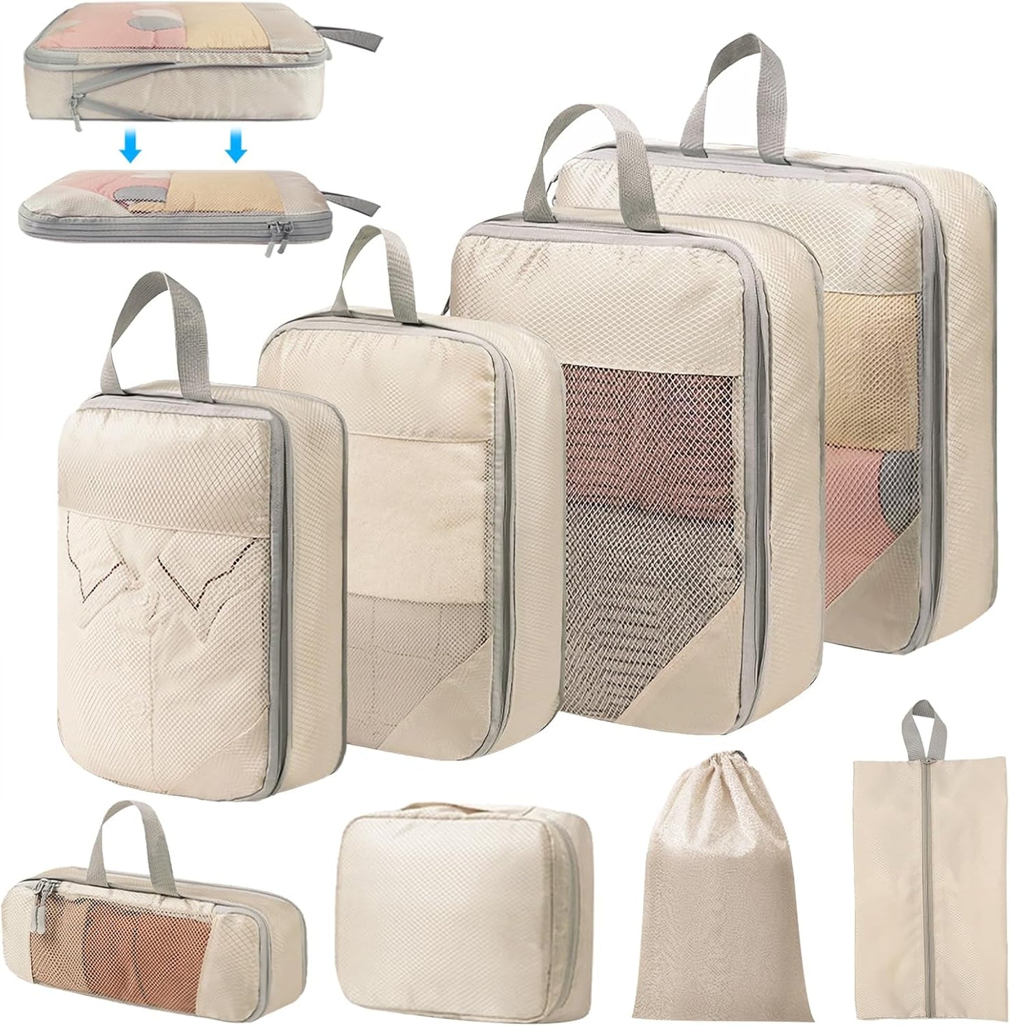 8-Piece Suitcase Organizer, Packing Cubes Compression Organizers Suitcase Travel Vacation and Travel, Organizer Suitcase Set, Space-Saving Suitcase Organizer (Beige)