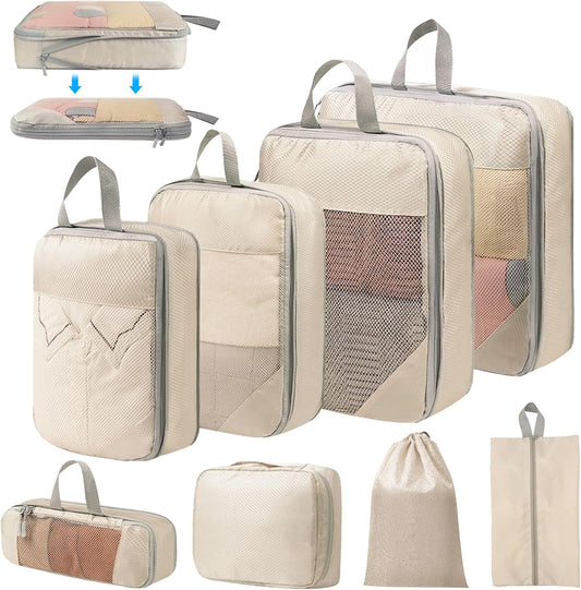 8-Piece Suitcase Organizer, Packing Cubes Compression Organizers Suitcase Travel Vacation and Travel, Organizer Suitcase Set, Space-Saving Suitcase Organizer (Beige)