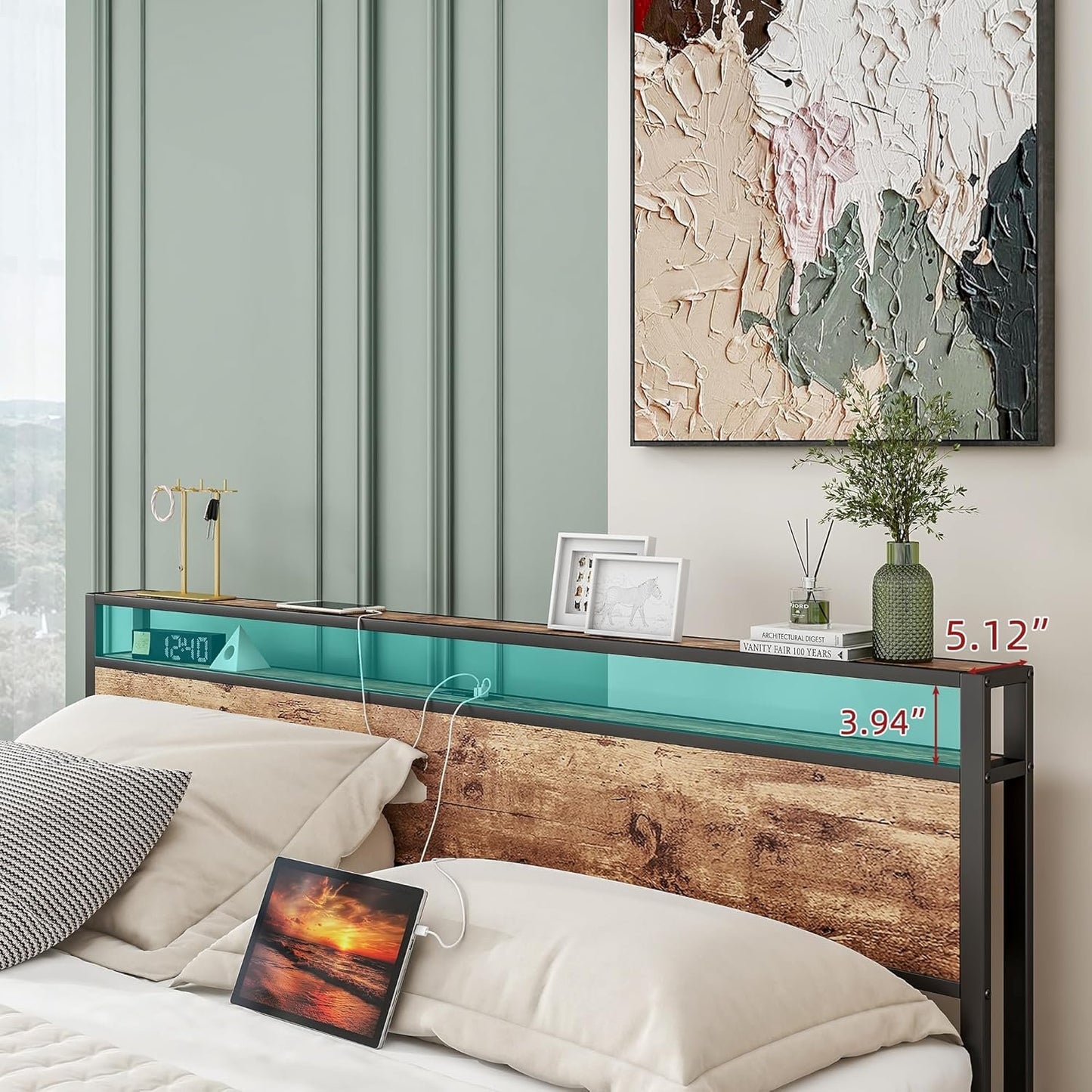 BOFENG Black King Size Bed Frame with 2-Tier Storage Headboard and Power Outlets,Charging Station,Platform Bed Frame King Size with 4 Storage Drawers,No Box Spring Needed,Sturdy and Noise Free,Brown