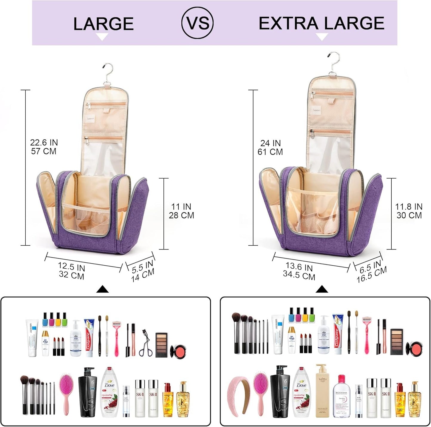 COOSKY Extra Large Hanging Travel Toiletry Bag for Women and Men, Hygiene Bag, Bathroom and Shower Organizer Kit with Elastic Band Holders for Toiletries, Cosmetics, Makeup, Brushes, Purple, Extra Large