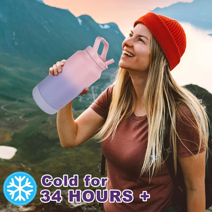 Luxgola 64 oz Insulated Water Bottle with Flip Straw Lid and Top Handle, Half Gallon Stainless Steel Vacuum Tumbler, Keeps Drinks Cold/Hot, Wide Mouth, Leak Proof, BPA-Free, Non-Slip Base - Pink