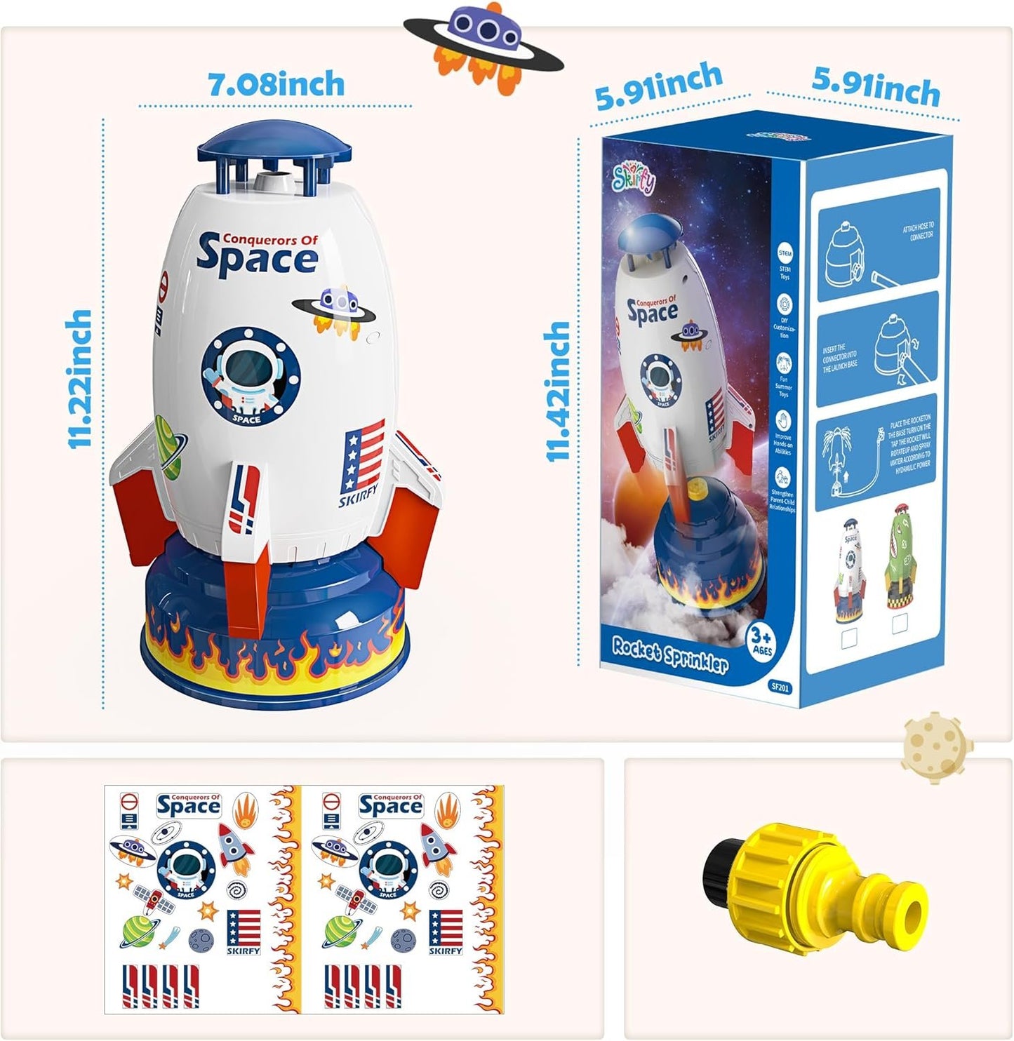 Skirfy Sprinklers for Yard Rocket Outdoor Water Toys for Kids, Rocket Design Powered Lift Off 9-16ft & Spin, Summer Garden Water Play Toys & Birthday Gift for Girls Boys Age 3-12 Year Old