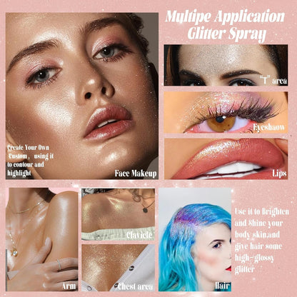 Boko Highlighter Powder Spray, Cosmetic Body Shimmer Spray High Gloss Diamond Highlight Glitter Powder Makeup Sparkle Glitter Hairspray Rave Accessories for Women Face Paint Hair Clothes