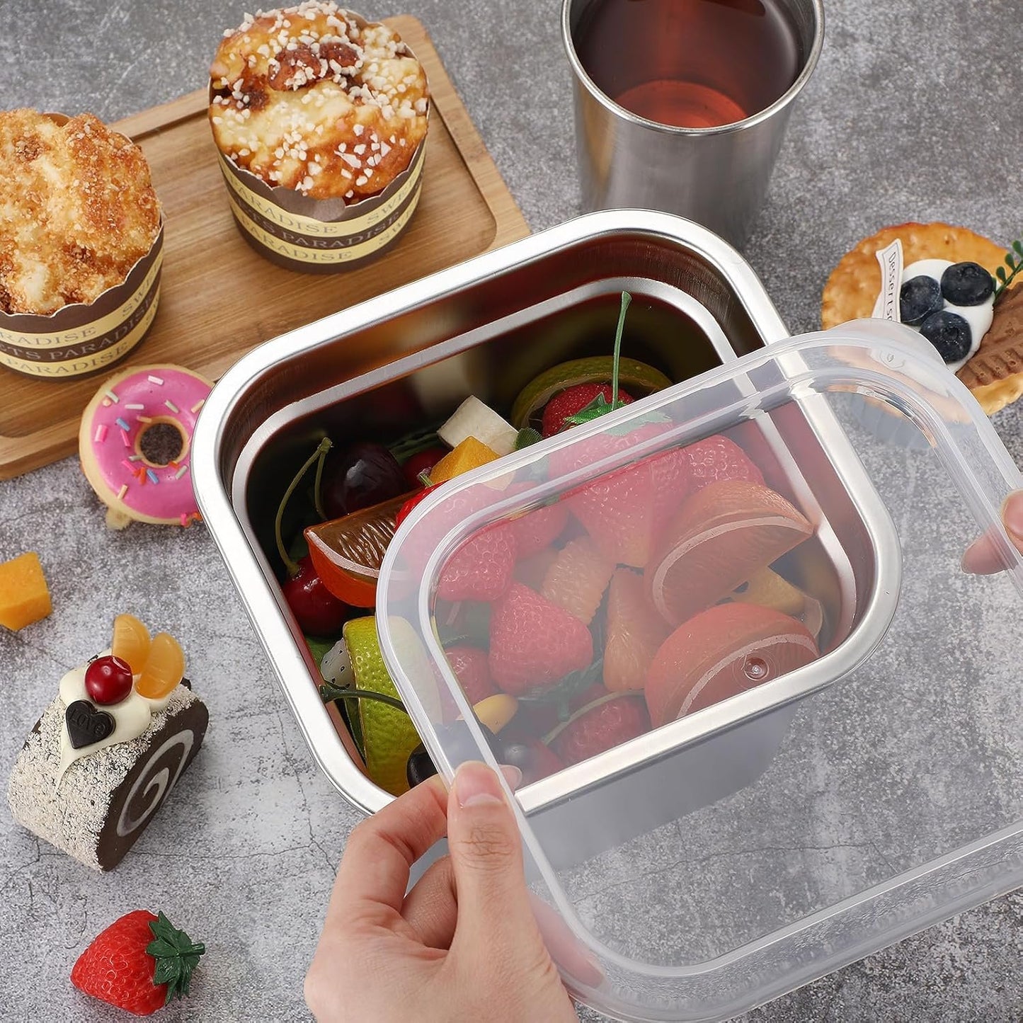 8 Pcs 1/6 Size Hotel Steam Table Pans with Lids, Stainless Steel Food Containers and PP Plastic Covers, Anti-clogging Steamer Pans for Buffet, Catering, Restaurant, and Food Prep(4" Deep)