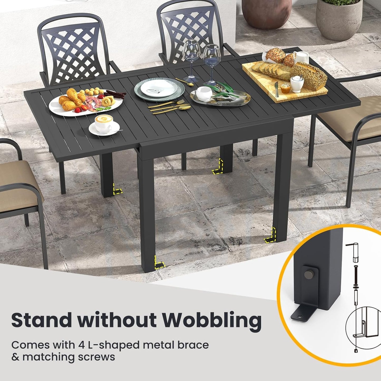 Giantex Expandable Patio Table, 31.5”-63” Extendable Aluminum Dining Table for 4-6 People, Slatted Tabletop, Square Rectangular Outdoor Table for Backyard, Front Porch, Poolside