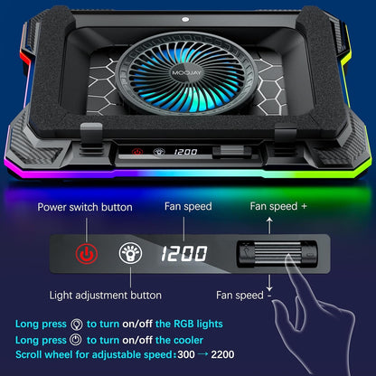 Laptop Cooling Pad Powerful Turbo Fan RGB Gaming Notebook Cooler, Moojay Laptop Fan Cooling Stand with 8 Adjustable Heights and Phone Holder, for 14-19 Inch Laptops - Ice Blue LED Light