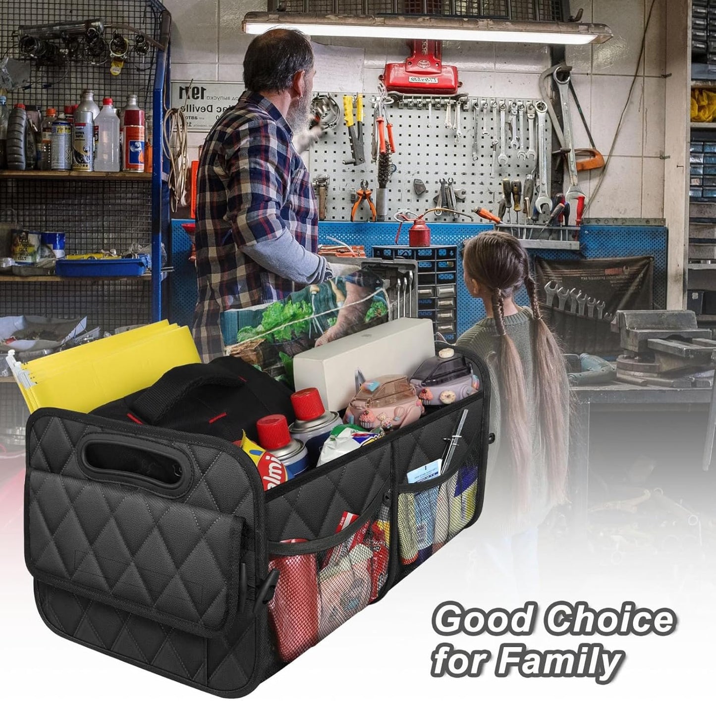 Car Trunk Organizer for SUV, 50L Waterproof Storage with 6 Pockets, Car Accessories for Women/Men, Black Polyester Organizer