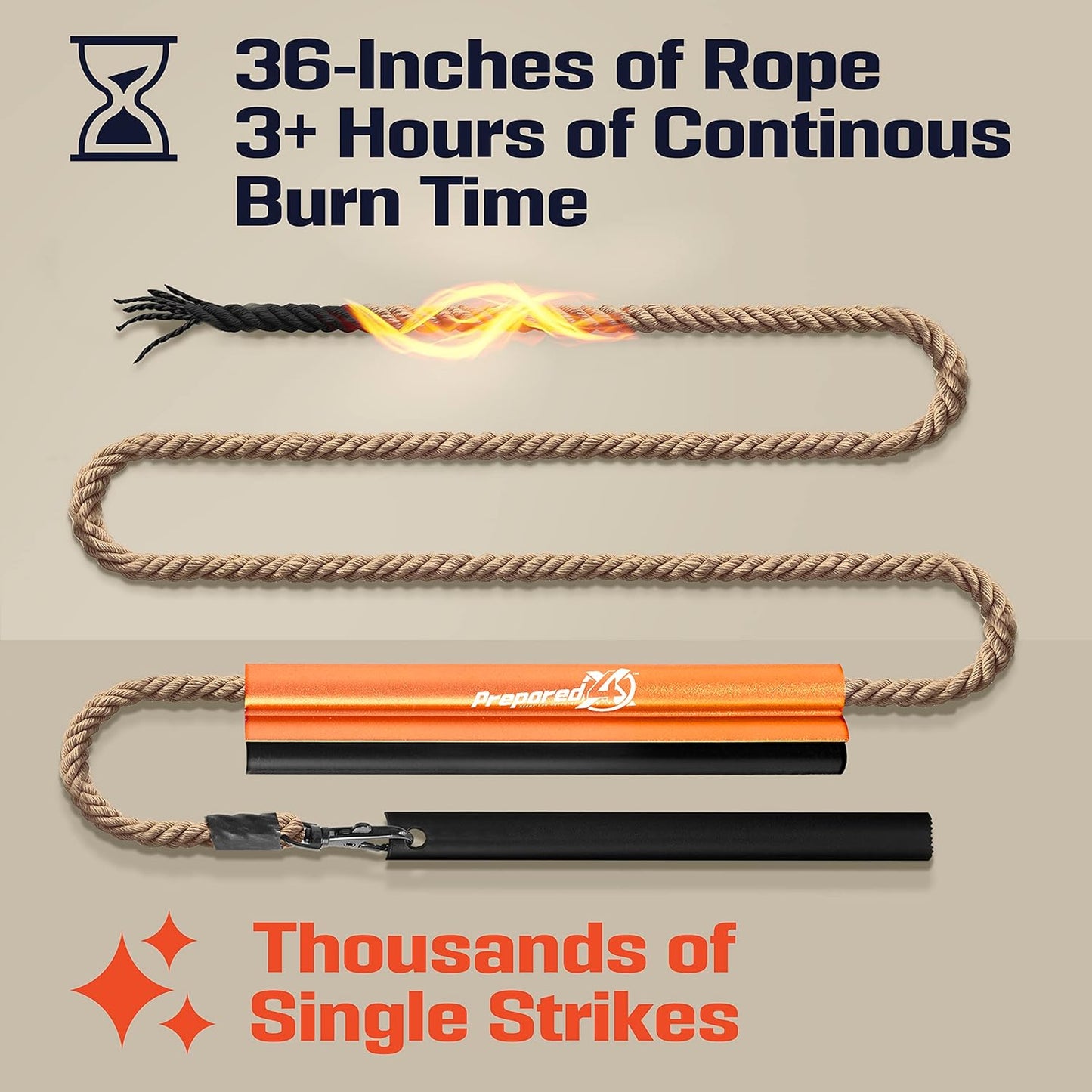 Fire Starter Survival Tool - All-in-One Patented Flint and Steel Fire Starter Kit - Ferro Rod Fire Starter with 36" Waterproof Tinder Wick Rope and Steel Fire Striker | Prepared4X