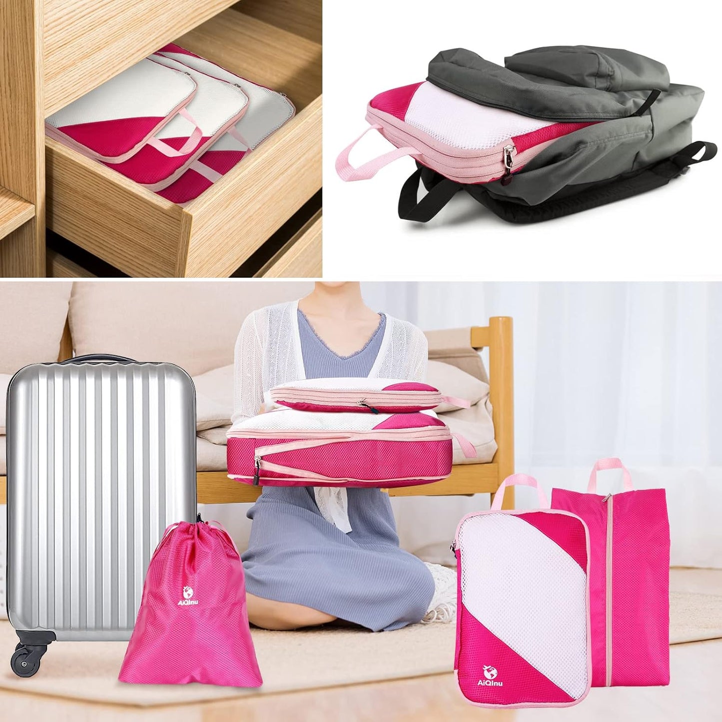 AiQInu 5 Piece Suitcase Organizer, Compression Packing Cube Space-Saving Expandable Ultralight Travel Organizer for Clothes, Shoes, Underwear Travel Set for Backpacks or Hand Luggage (Pink)