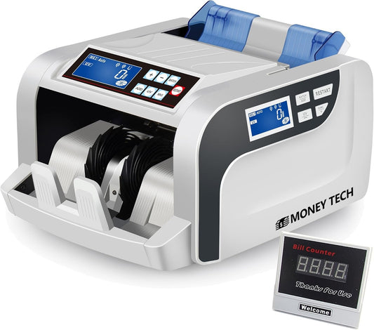 Money Tech Professional Polymer & Paper Multi-Currency Bill Cash Counter. Canadian Plastic & USD Banknote Counting Machine with Counterfeit Detection and LCD Screens.