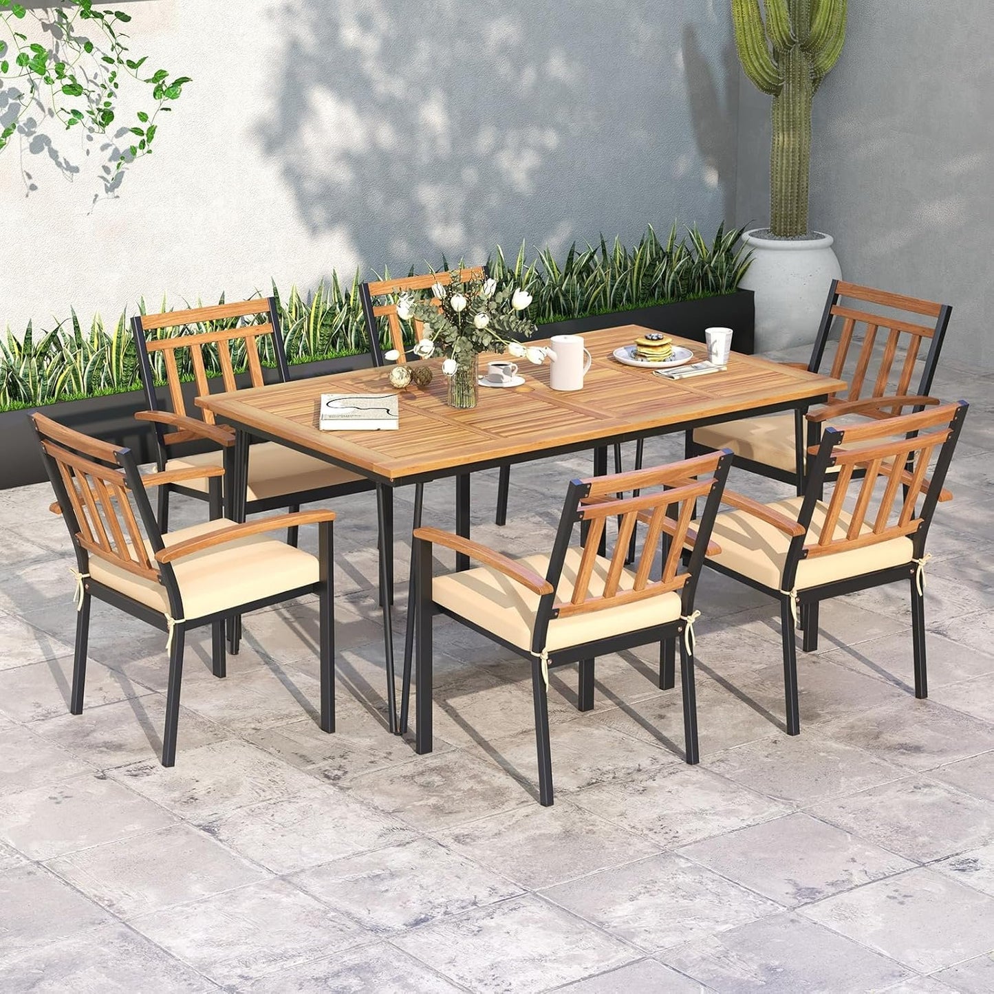 Tangkula 63-Inch Outdoor Dining Table, Patio Dining Table for 6 People w/Acacia Wood Tabletop & Metal Legs, Rectangular Wood Table w/Umbrella Hole for Patio, Yard, Garden & Deck