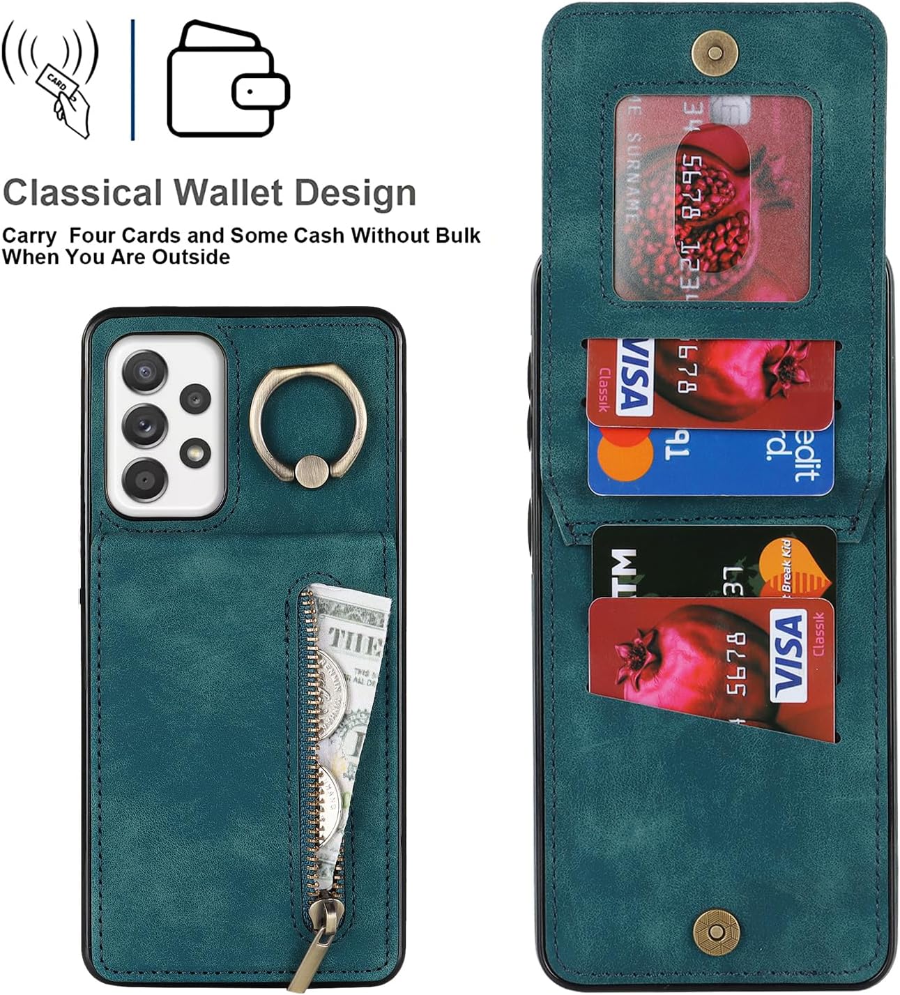 Asuwish Phone Case for Samsung Galaxy A52/A52S 5G Wallet Cover with Screen Protector and Cell Accessories Zipper RFID Card Holder Slot Ring Kickstand Flip A 52 S 4G G5 52A S52 52S SM Women Men Green