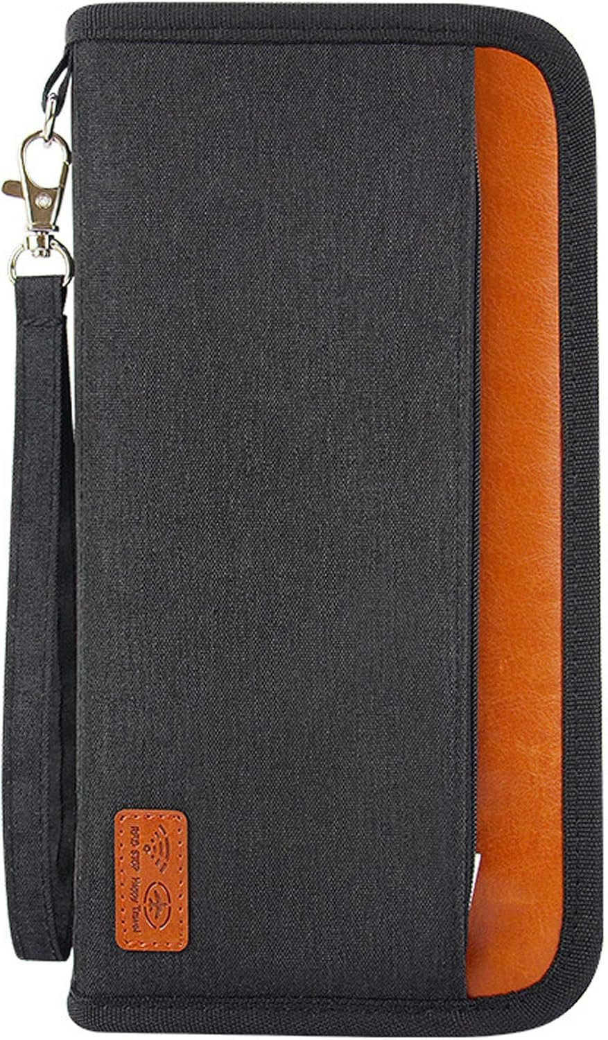RFID Blocking Passport Wallet, RUMANLE Family Travel Passport Holder Bag Waterproof Card Organiser with Hand Strap Zip,Ticket Cash Coins Holder Case for Outdoor Sporting Traveling - Black