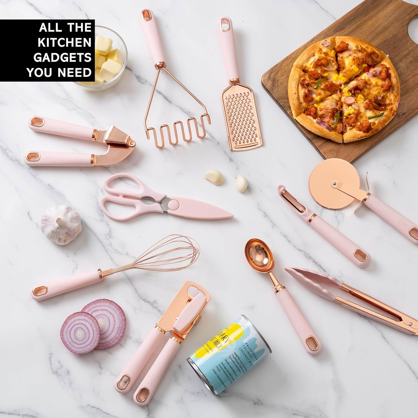 COOK WITH COLOR Kitchen Gadget Set Copper Plated Stainless Steel Utensils with Soft Touch Handles, Copper Pink, 10 Pieces