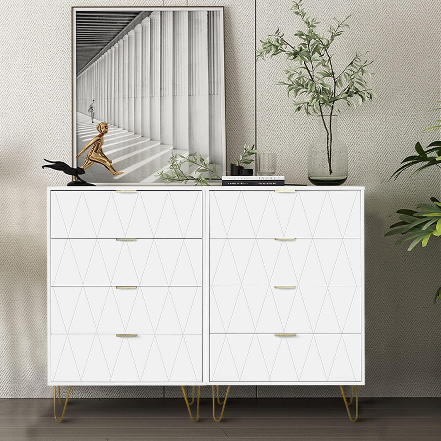 GOOBUY White Chest of Drawers with 4 Drawers, Wooden Bedroom Como Cabinet, Living Room Furniture, Gold Handles and Legs, 34 x 60 x 91 H cm, White